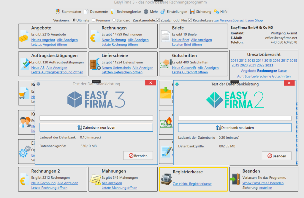 EasyFirma 3 vs EasyFirma 2 Datenbank Ladegeschwindigkeit Vergleich