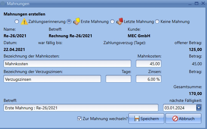 Automatische Berechnung der Verzugszinsen