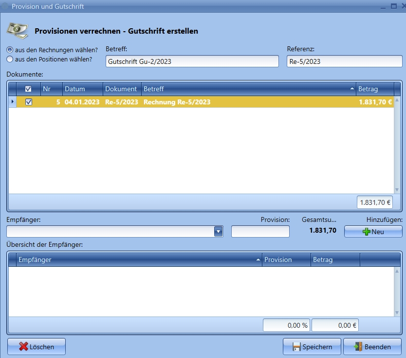 Gutschriften und Provisionen