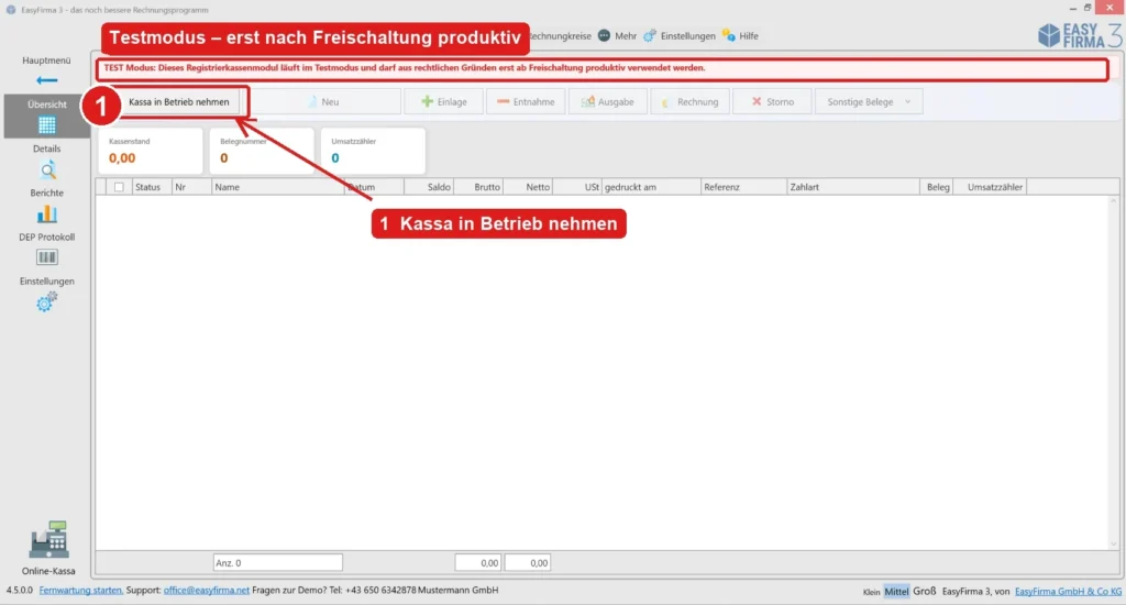 EasyFirma Registrierkassen-Modul mit der Schaltfläche Kassa in Betrieb nehmen