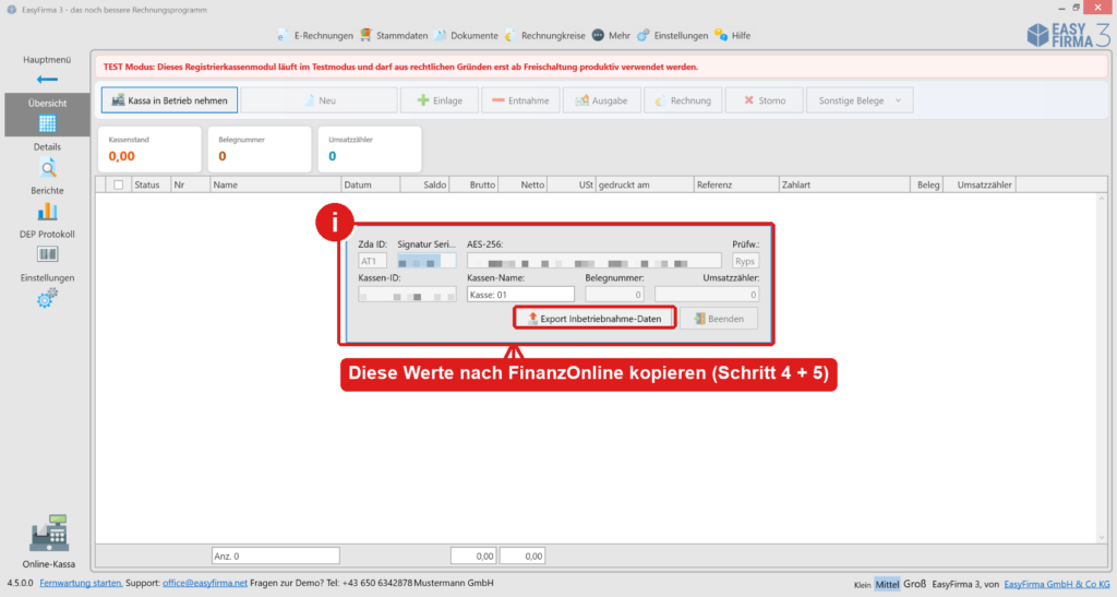 EasyFirma Inbetriebnahme-Daten: Zda ID, Signatur-Seriennummer, AES-256, Kassen-ID und Prüfwert