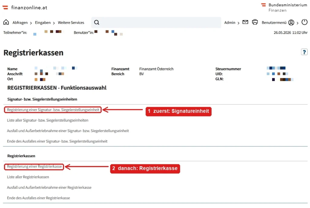 FinanzOnline Funktionsauswahl