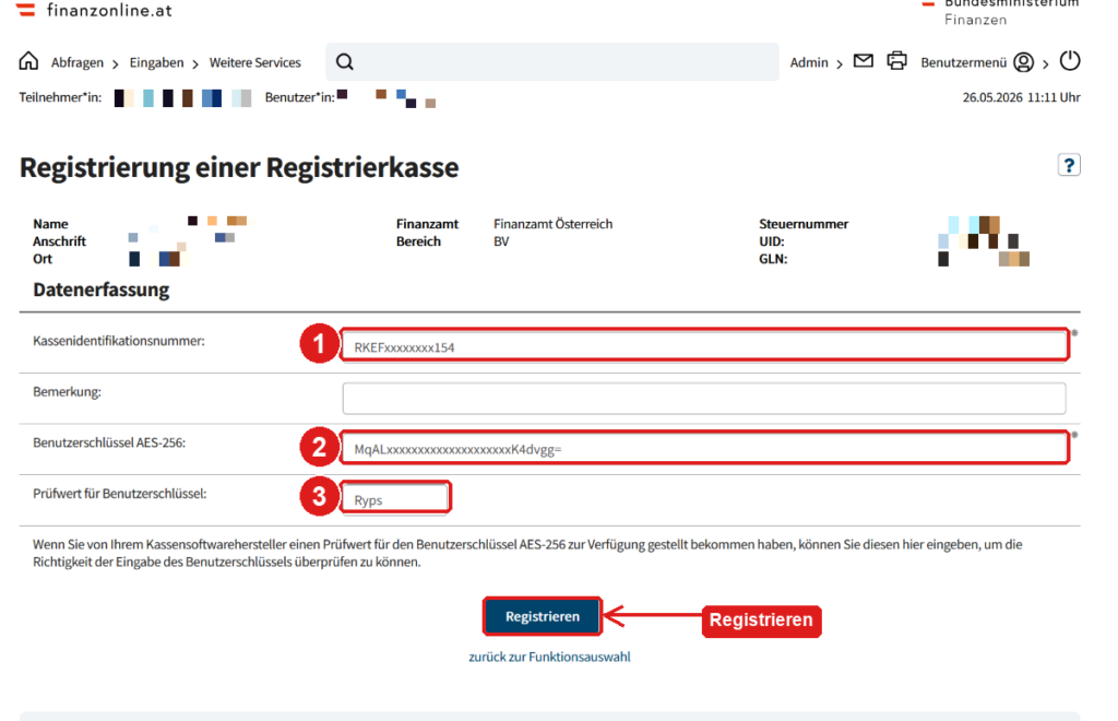 FinanzOnline Registrierung einer Registrierkasse: Kassenidentifikationsnummer, Benutzerschlüssel AES-256 und Prüfwert