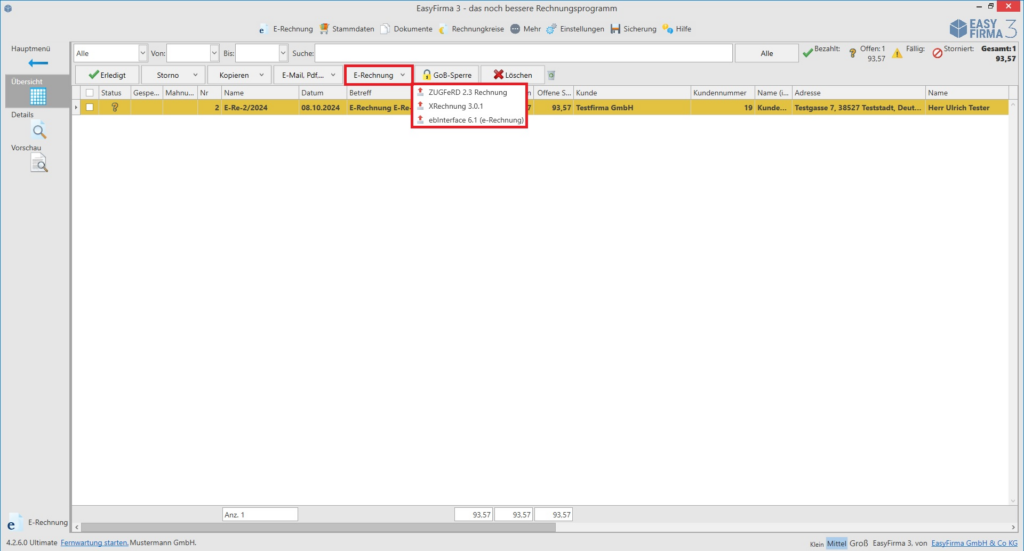 Screenshot vom E-Rechnung Programm EasyFirma