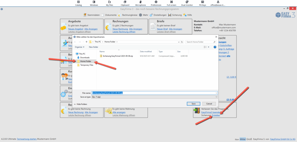 Sicherung erstellen und im Home Folder speichern