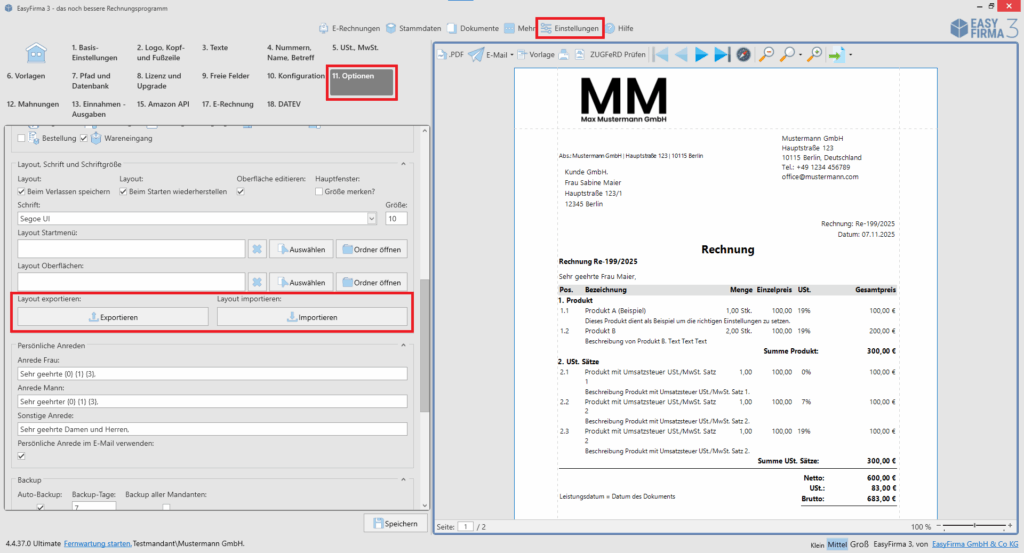 Layout in EasyFirma exportieren