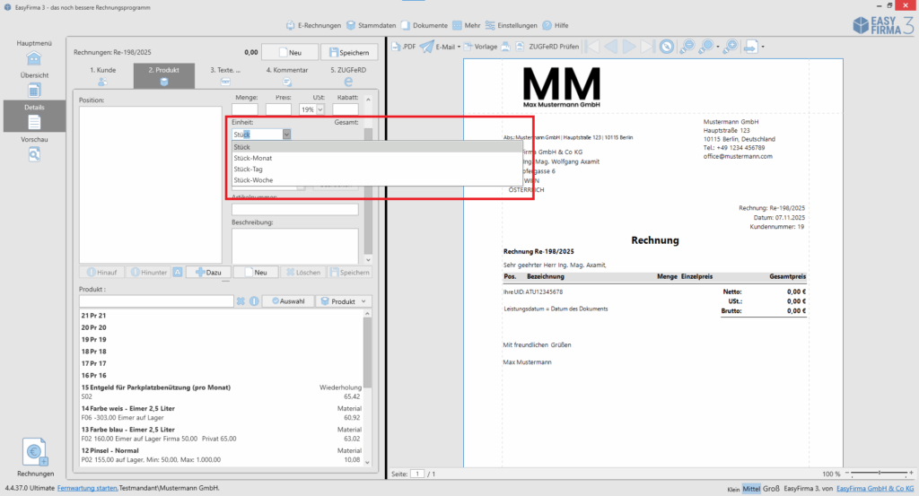 Einheit für ZUGFeRD auswählen