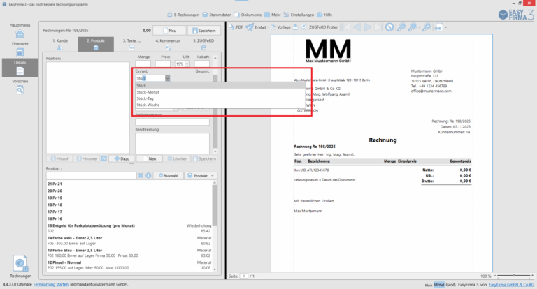 Einheit für ZUGFeRD auswählen