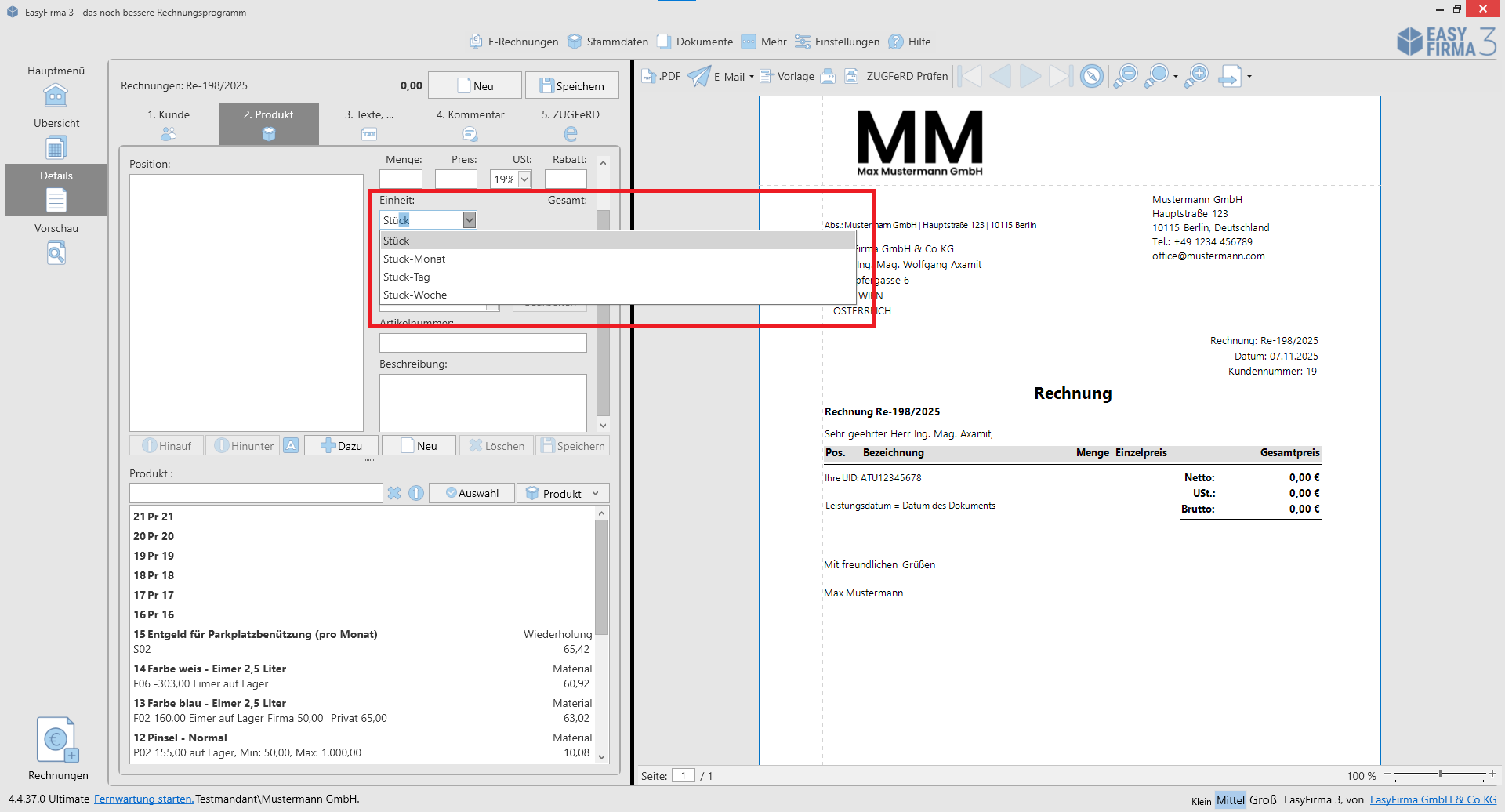 Einheit für ZUGFeRD auswählen