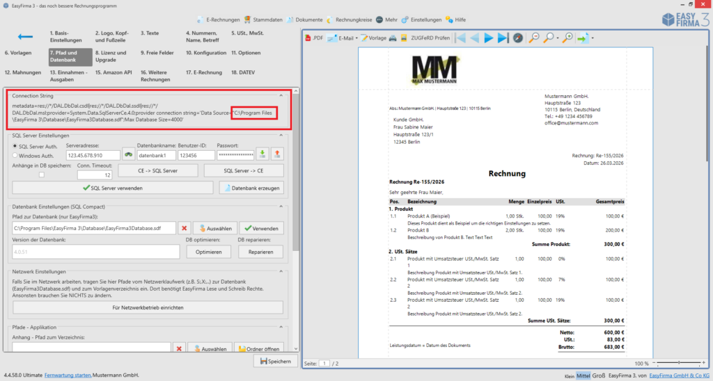 EasyFirma Datenbankverbindung