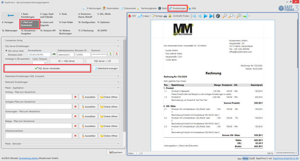 EasyFirma SQL Datenbank verwenden