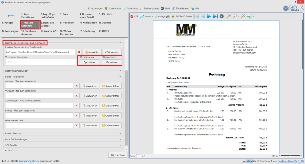 EasyFirma Datenbank optimieren und reparieren