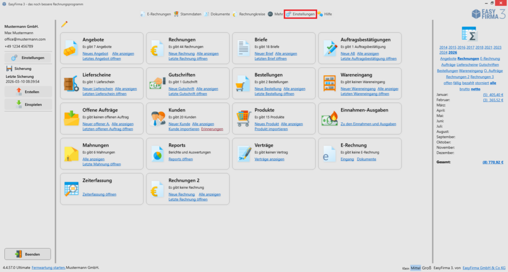 EasyFirma Einstellungen