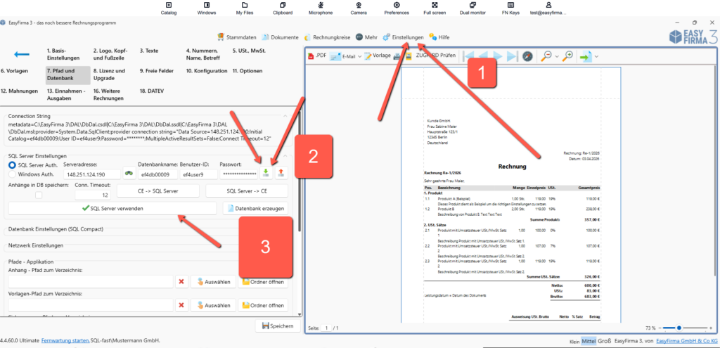 Einstellungen - SQL verbinden