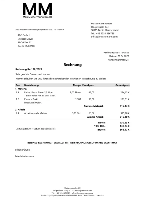 Rechnung schreiben Beispiel Muster